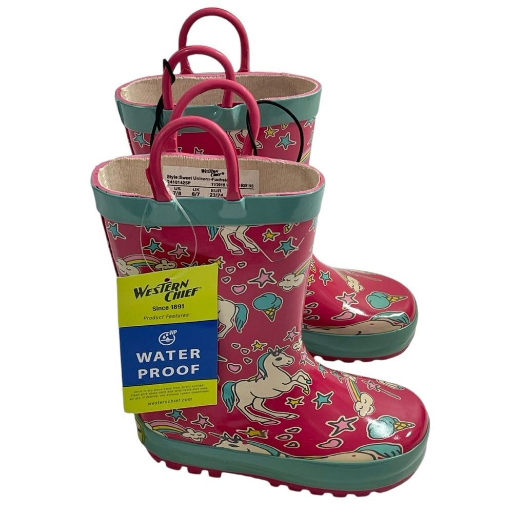 NWT Western Chief Girls Fuchsia Pink Sweet Unicorn‎ Rain Boots Size 7/8 Shoes